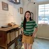 Women's Korean Style Green Striped Round Neck Short Sleeve T-Shirt - 2026 Summer Casual Loose Fit Retro Trend