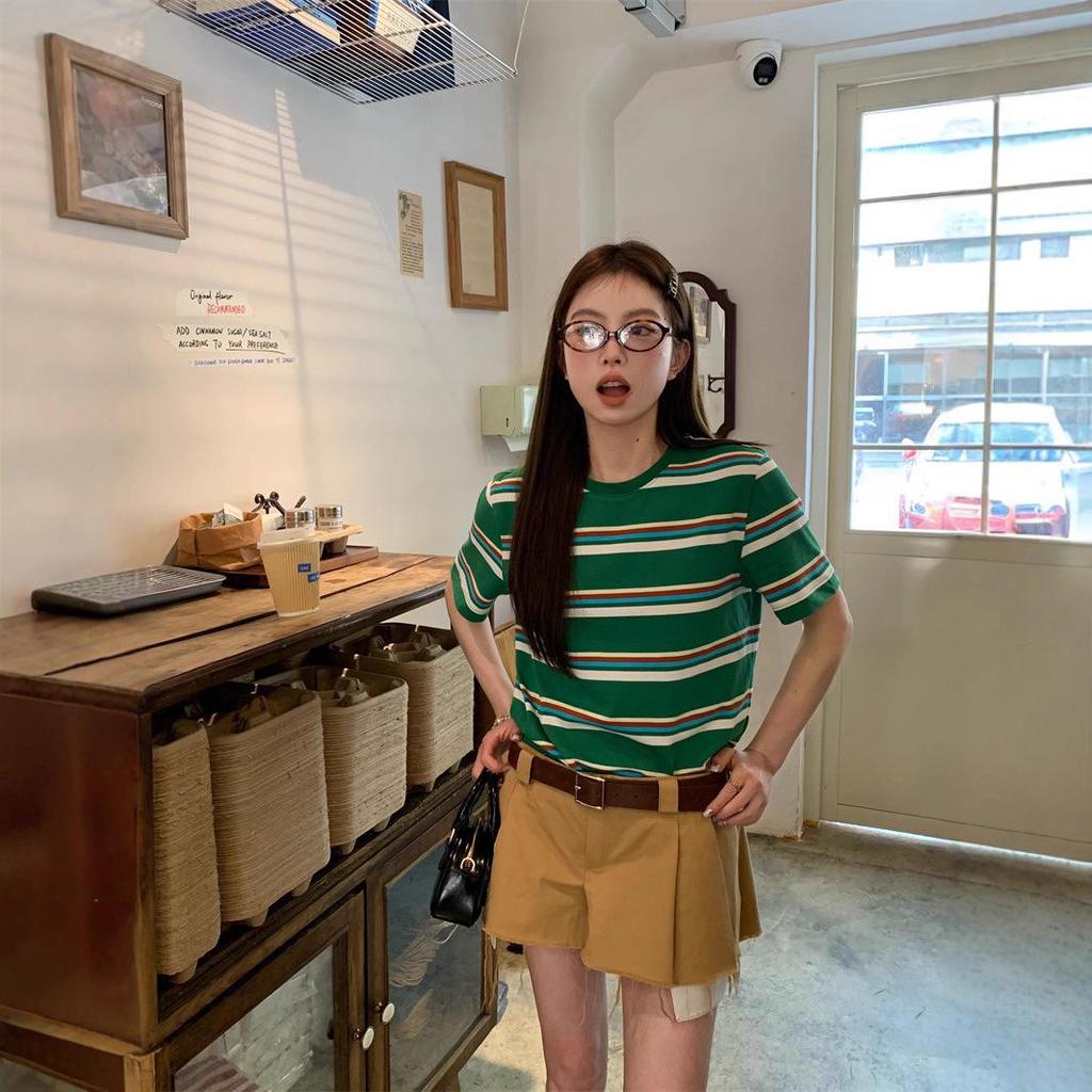 Women's Korean Style Green Striped Round Neck Short Sleeve T-Shirt - 2026 Summer Casual Loose Fit Retro Trend