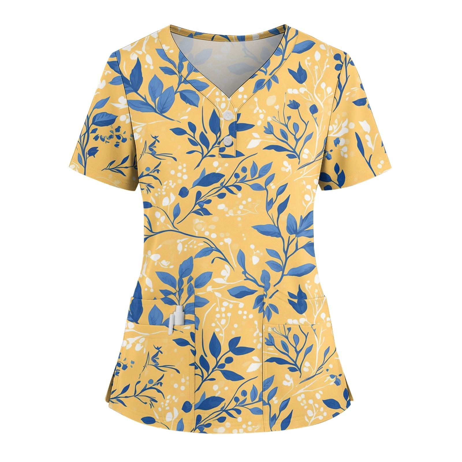 

Женская свободная футболка с коротким рукавом, модным принтом цветов и растений, V-образным вырезом, застегивающаяся на пуговицы, с боковым разрезом XL жёлтый
