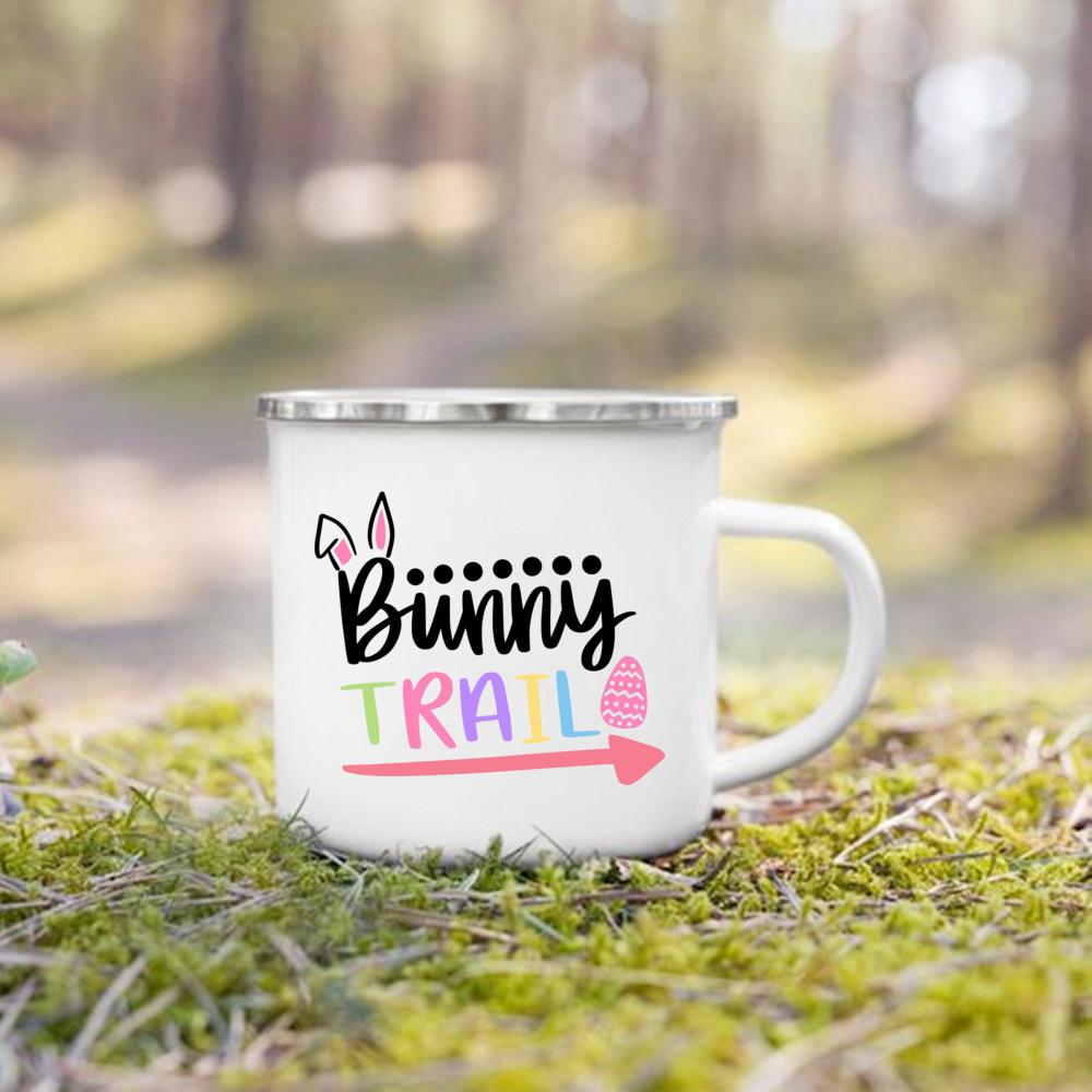 Cute Bunny Egg Print Cups Happy Easter Enamel Mugs Fall Easter Party Wine Juice Mug Dessert Cocoa Milk Handle Cup Gift for Child