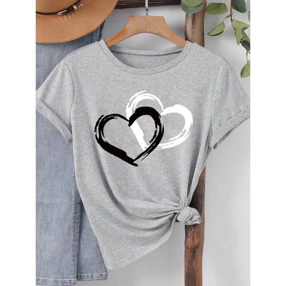 

Fashion Love Heart Print Women T Shirt Casual Graphic Printed Clothes Female Shirt Short Sleeve Lady Streetwear Lover Tee XS