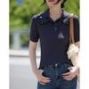 Demana Damen Pailletten Blumen Kurzarm Polo Strickoberteil