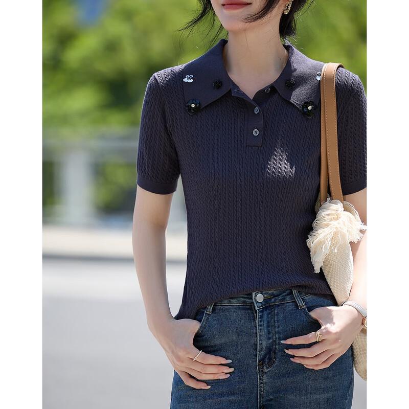 Demana Damen Pailletten Blumen Kurzarm Polo Strickoberteil
