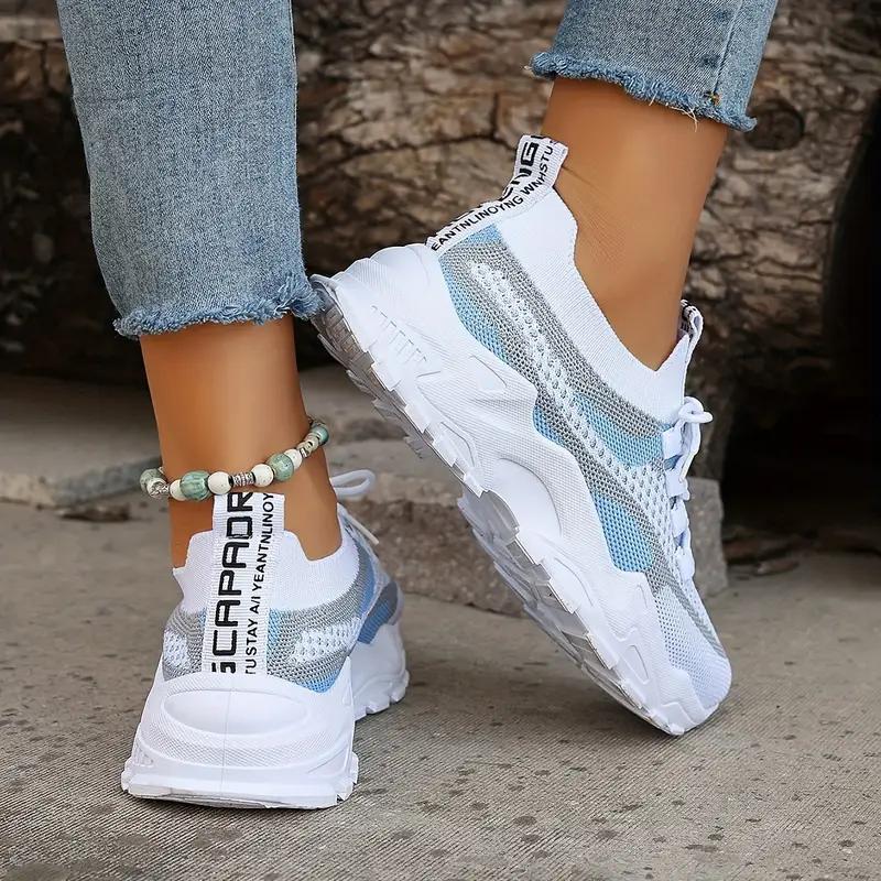 Women's Color Blocked Casual Sports Shoes, Flight Woven Breathable Lace Up Running Shoes, Fashionable Mesh Platform Casual Shoes
