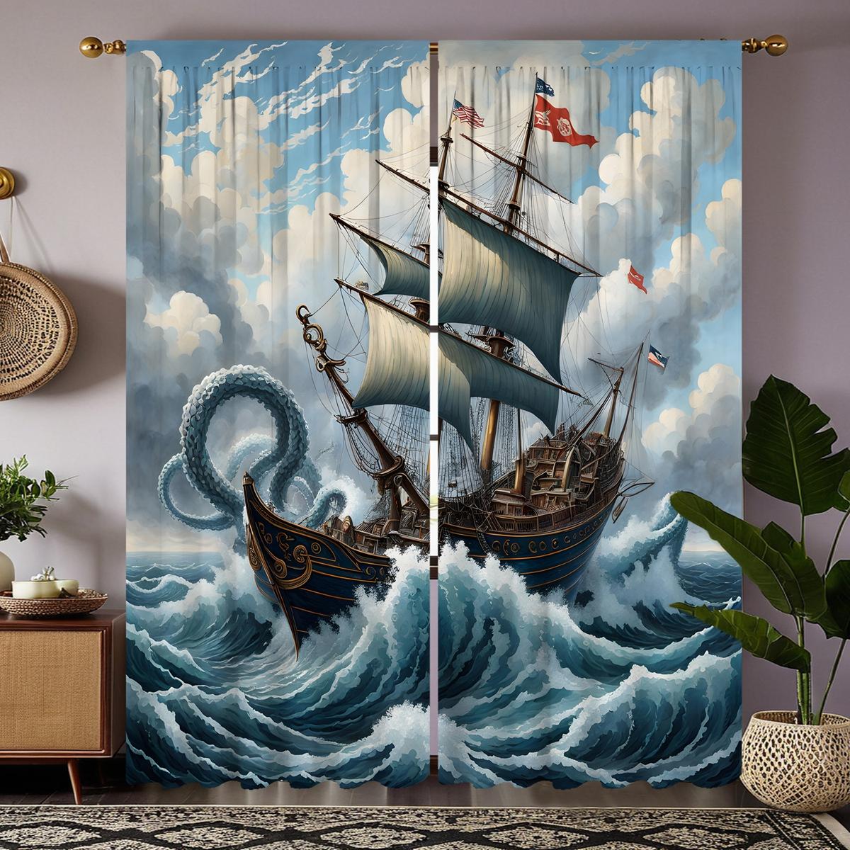 

2 шт. декоративных занавесок с изображением парусника в высоком разрешении, синяя занавеска с цифровой печатью, стиль украшения дома, украшение li W52H84inchW132H213cm