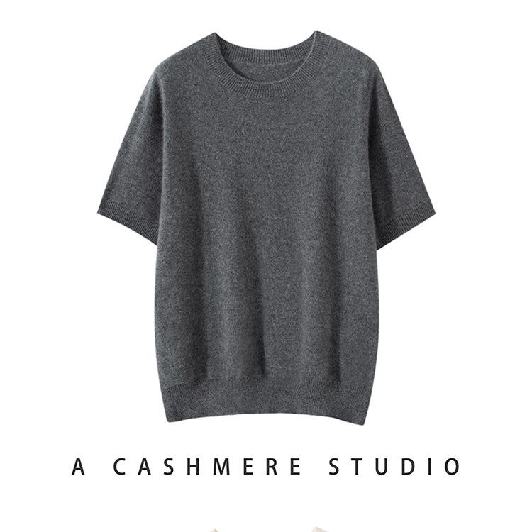 Twelve-Needle Women's Solid Cashmere Knit Pullover: Flat Round Neck, Short-Sleeved, Versatile Design
