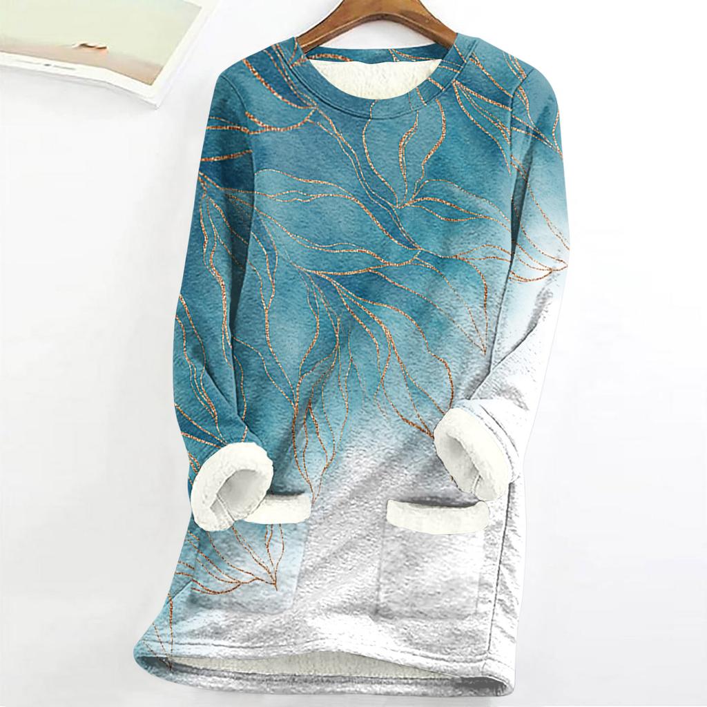 Dámský top s kulatým výstřihem s potiskem, zahuštěný plyšový kašmírový hřejivý dlouhý top