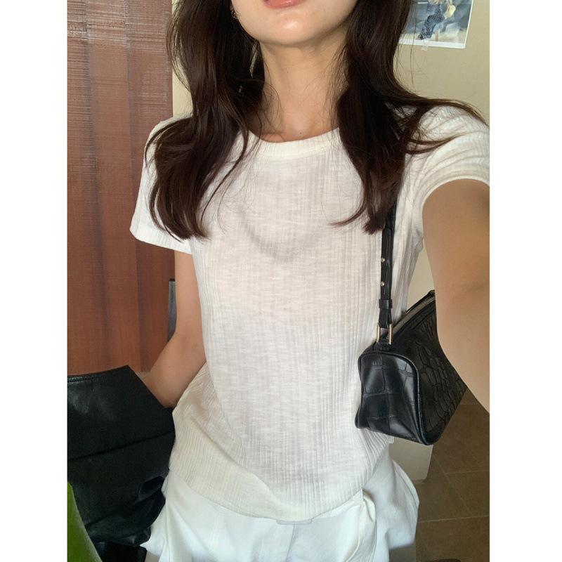 Korean pink Xiaofei sleeve front shoulder knitted short-sleeved T-shirt women's summer spice girl slim-fit short t-shirt temperament top