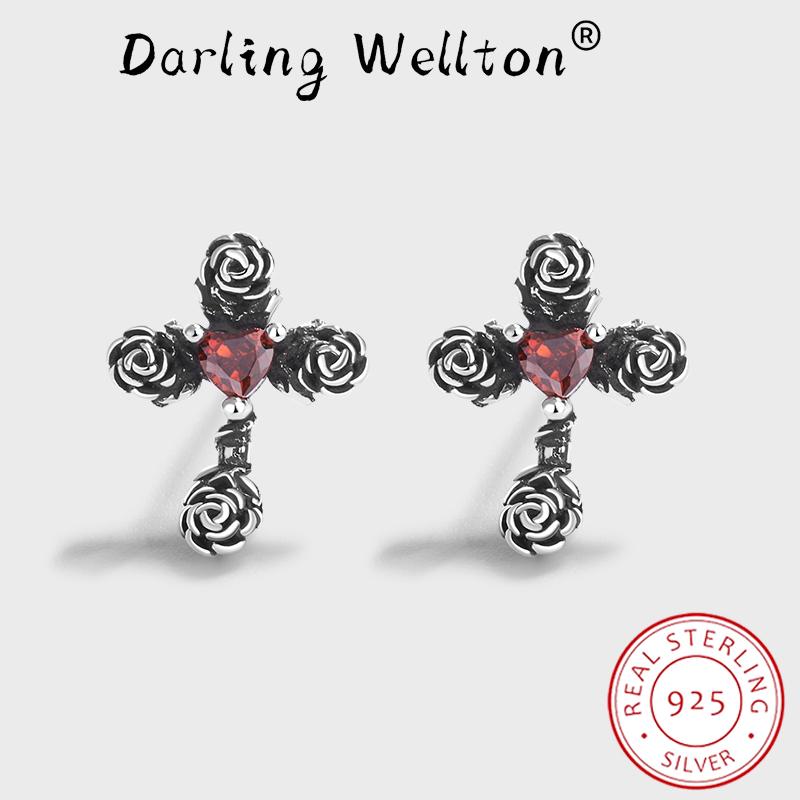 

Новые ретро серьги-гвоздики с рубином и розой в виде креста для женщин, красные цветочные серьги с цирконом, оригинальные стерлингового серебра S925, подарок на годовщину, ювелирные изделия серебряный