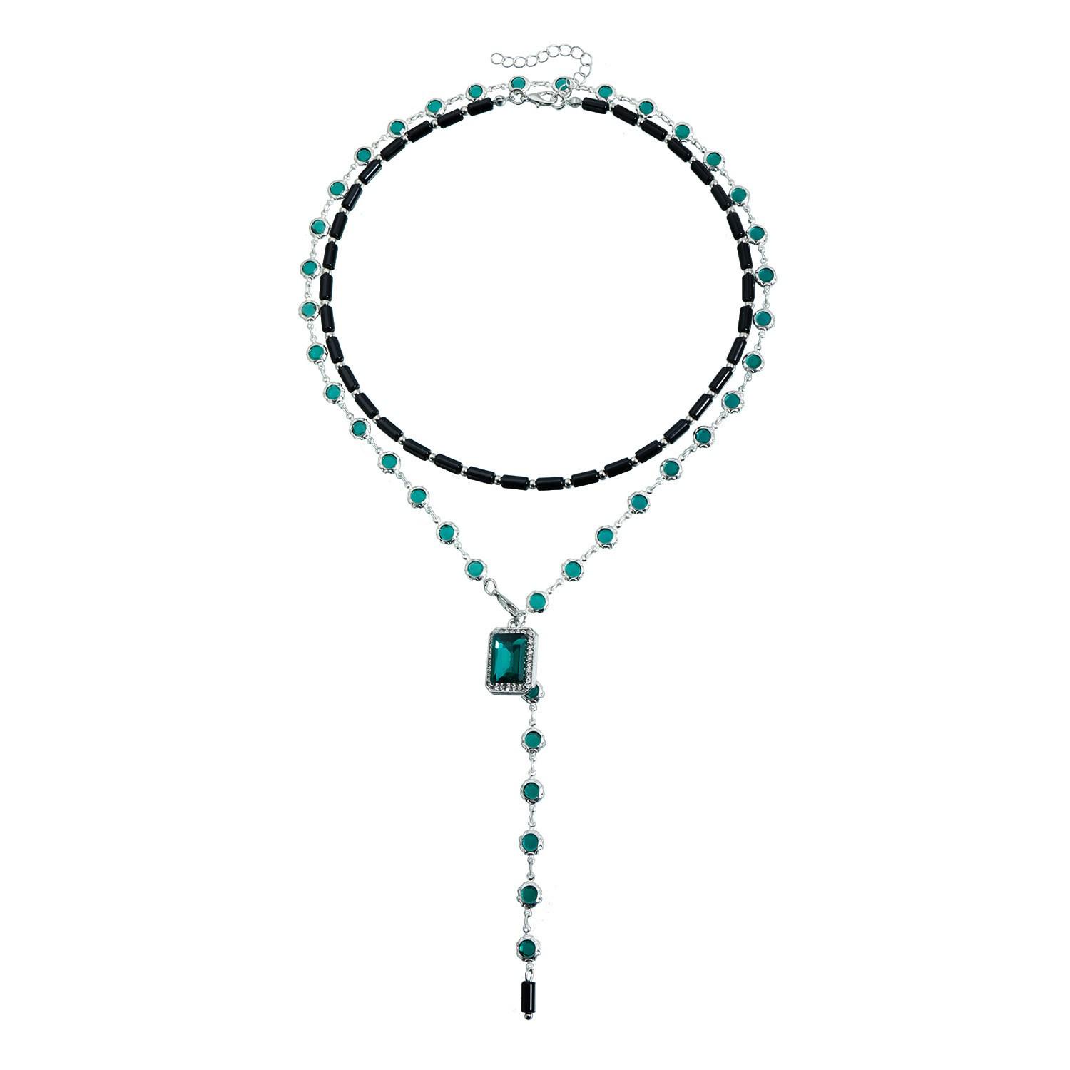 Изумрудный квадратный кулон на цепочке для свитера с черной бусиной, двойной слой – Винтажный нишевый дизайн.