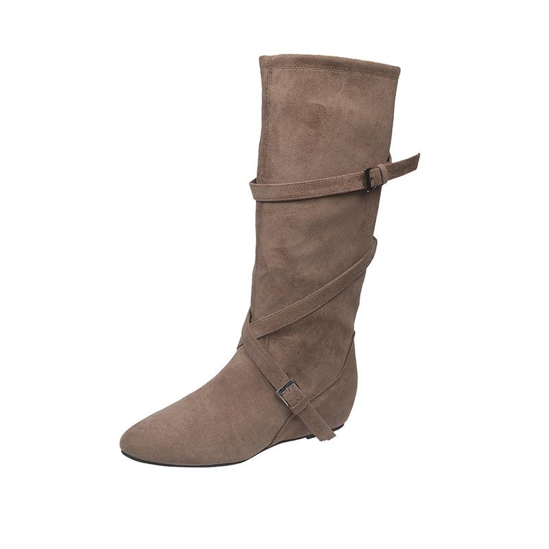 Inner Heightening Boots Women's 2025 New Autumn Retro Versatile Stacking Boots Belt Buckle Slim Tall Knight Boots