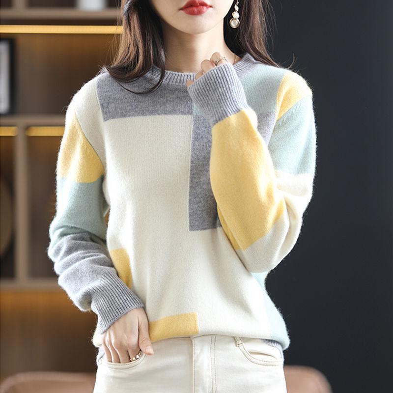 Spring Autumn Women's Crew Neck Color Block Sweater Long Sleeve Pullover Sweater Sweater Sweater Tops Jumper