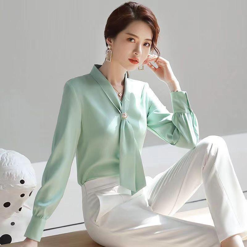Damen Frühling Herbst Vier Jahreszeiten Stil Blusen Hemden Dame Lässig Langarm Schleifenknoten Kragen Blusas Tops