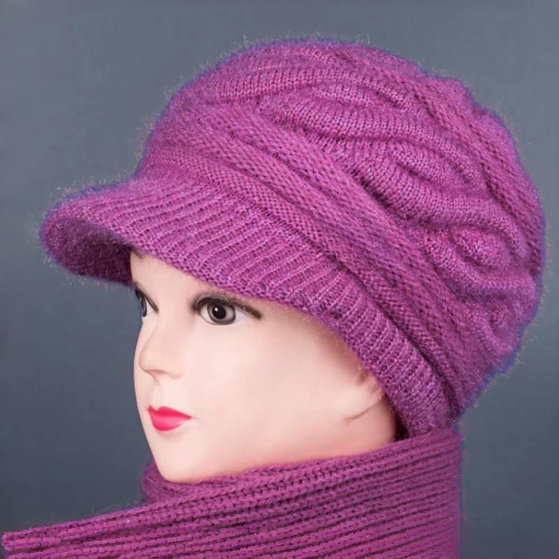 Dámská zimní vlněná čepice a šála: Hustý, Teplý, Odolný proti chladu pro střední věk a starší. Pletený design s plyšovou podšívkou.