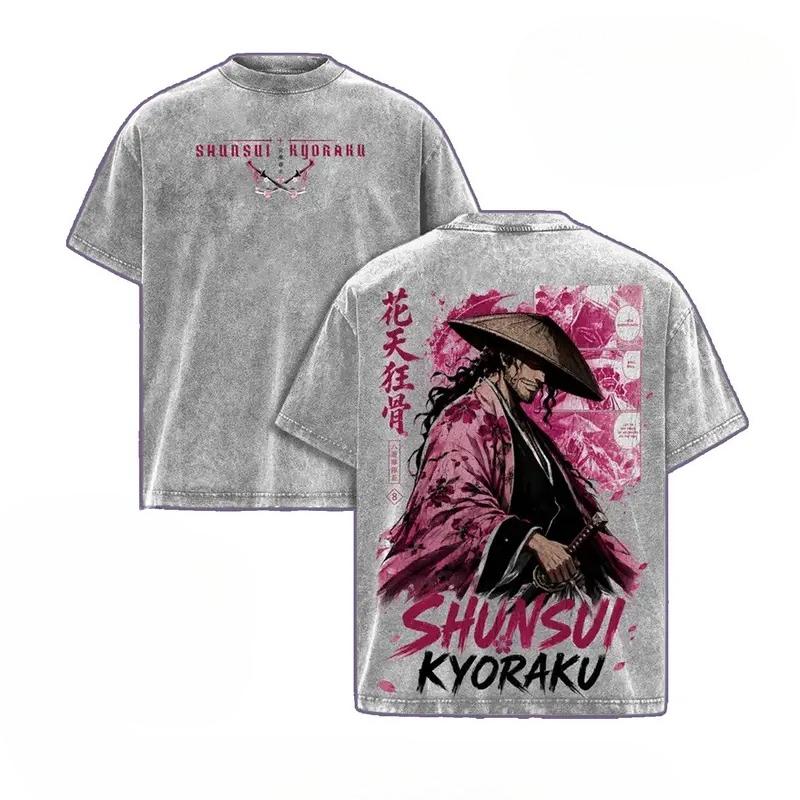 Anime BLEACH Kyoraku Shunsui Graphic T Shirt Men Women Washed Cotton Tshirts Vintage Casual Clothing Harajuku Unisex T-shirt S серый