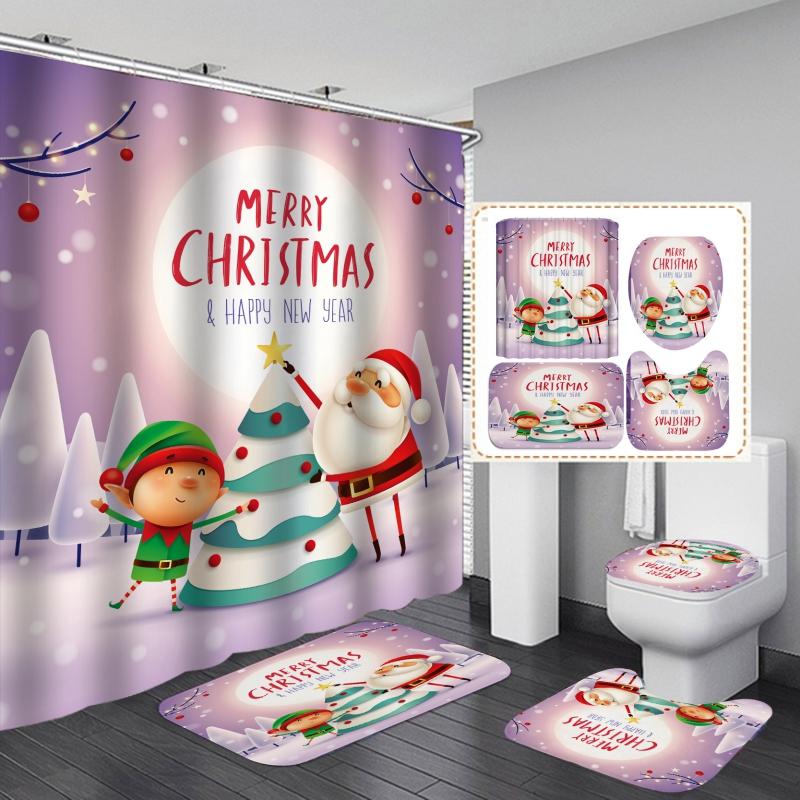 Christmas Bathroom Shower Curtain 4Pcs Set Snowman Santa Claus Pattern Waterproof Shower Curtain Toilet Cover Mat Non Slip Rug