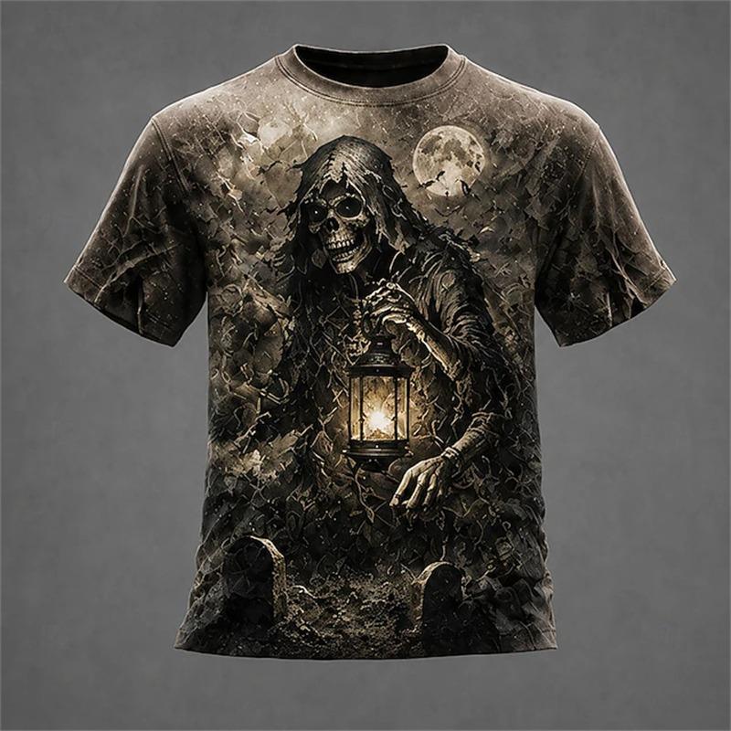 New Men's Crew-Neck T-Shirt Pumpkin Skeleton and Scarecrow Print Halloween Horror Casual Top Unisex Holiday Party Outfit