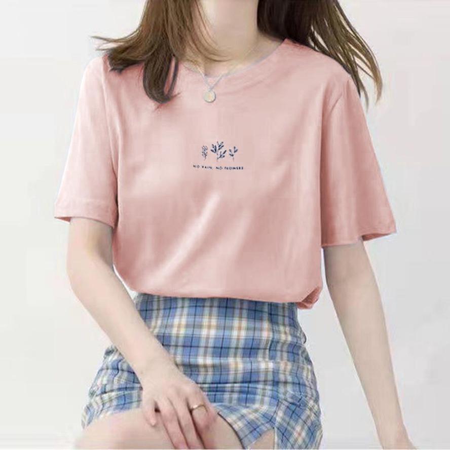 Summer Women Crew Neck T-shirt Loose Casual Solid Botanical Print Short Sleeve Tee T-shirts and Long Sleeves