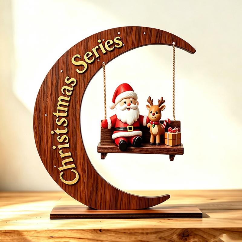 Wooden Christmas Santa Claus Swing Ornament With Moon Framed And Festive Details Perfect For Home Tabletop Xmas Decor