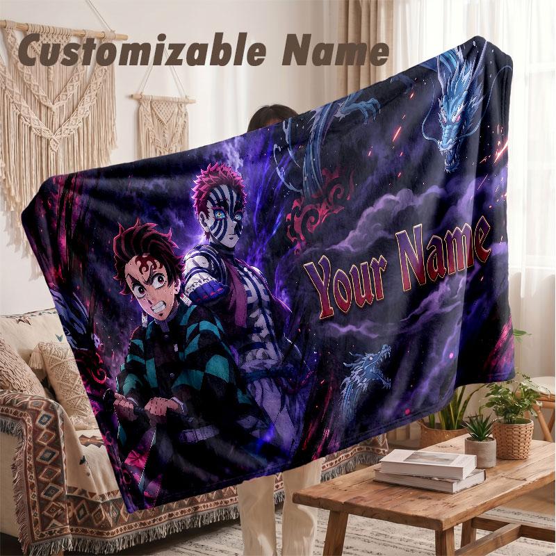Custom Name Flannel Blanket,Demon Slayer Lightweight Warm Bed Blanket For Couch & Holiday Gift