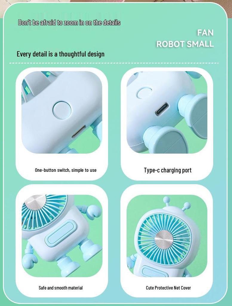 USB Rechargeable Mini Robot Cartoon Fan - Silent Portable Desktop Fan for Kids