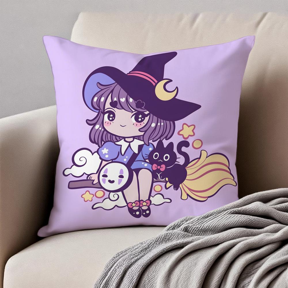 A Cute Cartoon Witch Childlike Art Cushion Cover Pillowcase Antidustmite Invisible Zipper Short Plush Sofa Cushion