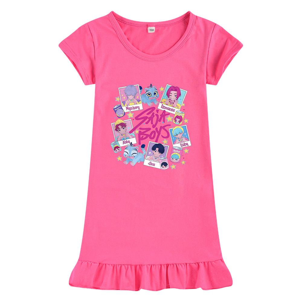 M1206 Kids Girls Sajaboys Kpop Rumi Zoey Mira Print Short Sleeves Ruffle Dress