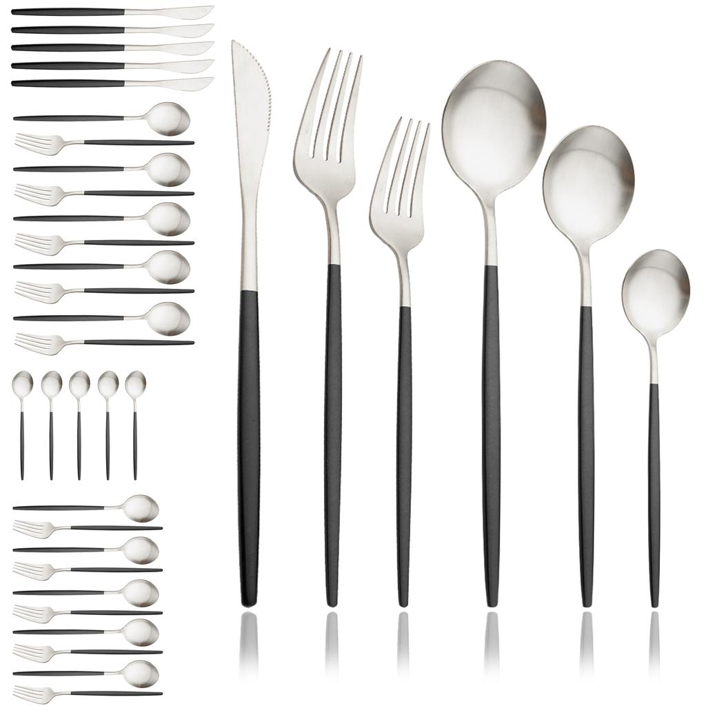 Black Gold 36Pcs Matte Flatware Dinnerware Set Knife Dessert Fork Spoon Dinner Set Stainless Steel Tableware Kitchen Cutlery Set