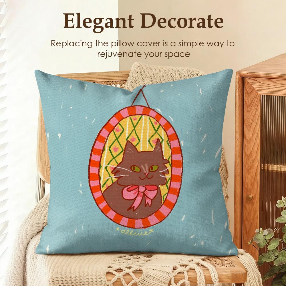 Cute Caroon Cat Portrait Cushion Cover Natural Linen Organic Fabric DoubleSided Printing Sofa Home Decor Gift Pillow Case