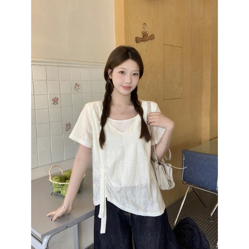 Summer 2026 Plus Size Women's Two-Piece Look Ripped Short Sleeve Slimming T-Shirt