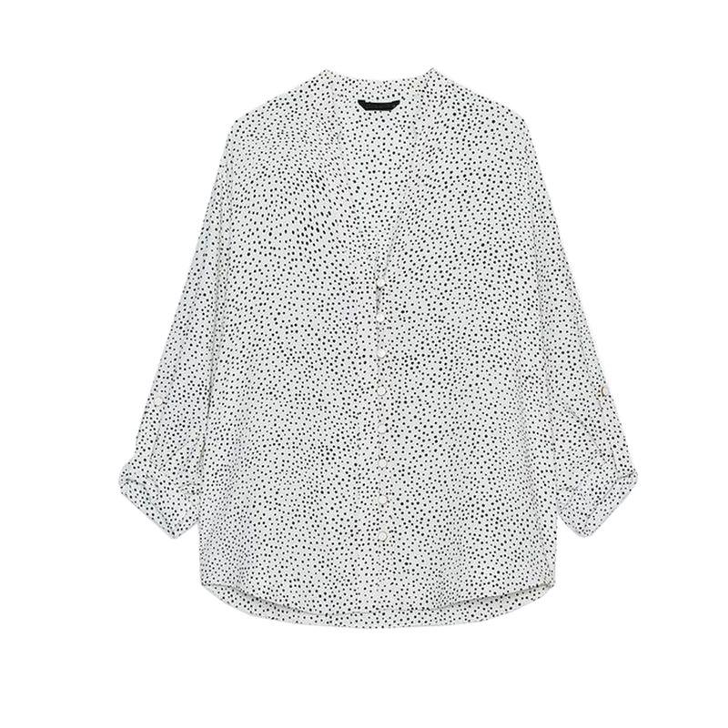 

Autumn New Product Women clothes Casual Style Button Decoration V-neck Can Be Rolled up Sleeve Polka Dot Long sleeve Shirts 8038903 Nude L