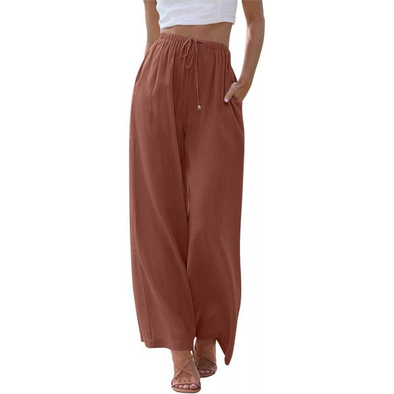 Women Pants Casual White High Elastic Drawstring Baggy Pants Streetwear Solid Color Cotton and Linen Wide Leg Trousers
