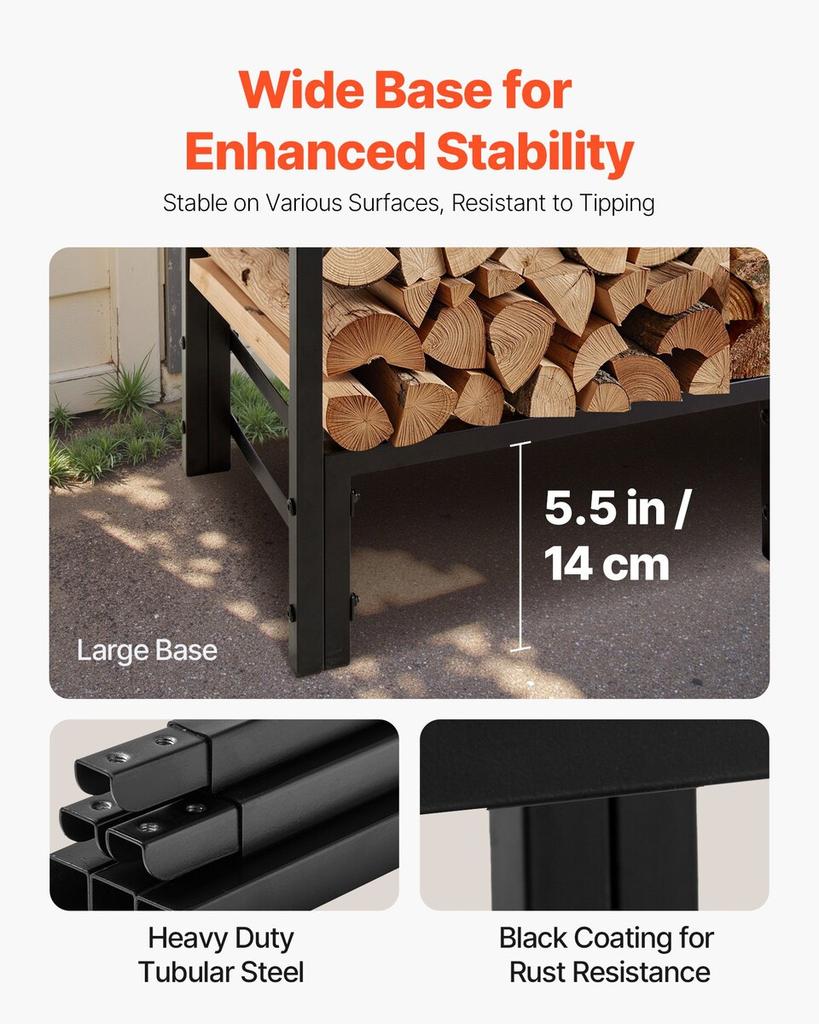 Firewood Rack with Waterproof Cover, 1.22m Outdoor Firewood Holder, 1/4 Cord Storage Metal Log Holder, 400lb Max Weight Capacity, Top Covered,