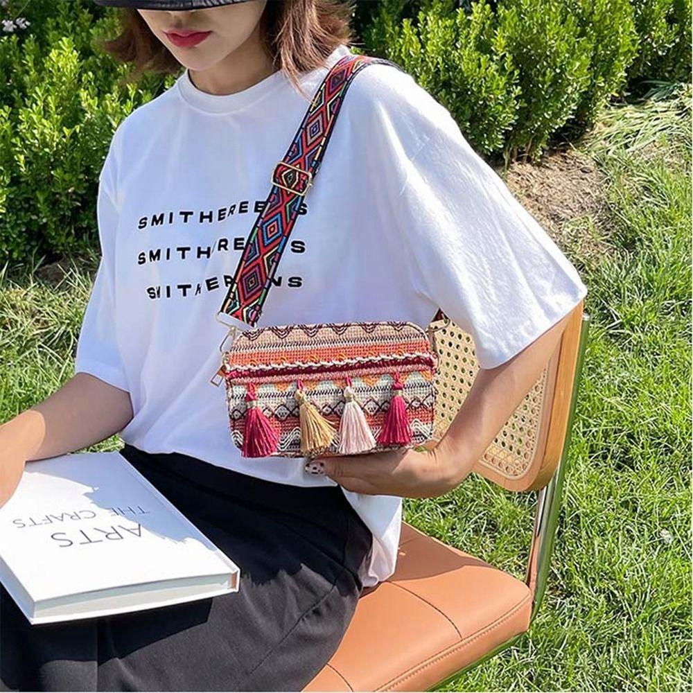 Handbag Korean Style Woven Bag Bohemian Printing Tassel Bag Ethnic Style Bag Crossbody Bags Women Shoulder Bag Small Square Bag