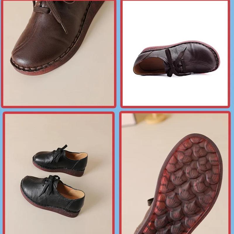 Johnature Genuine Leather Soft Soled Women's Shoes Casual Solid Color Versatile Lace-up Flats