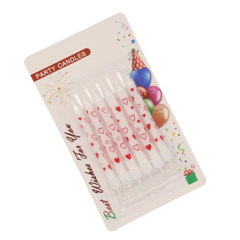 

Birthday Cake Glossy Print Red Love Heart Pattern Pencil Candle Adult Party Cartoon 6 Candles 6 Printed Love Candles - (SD-38)