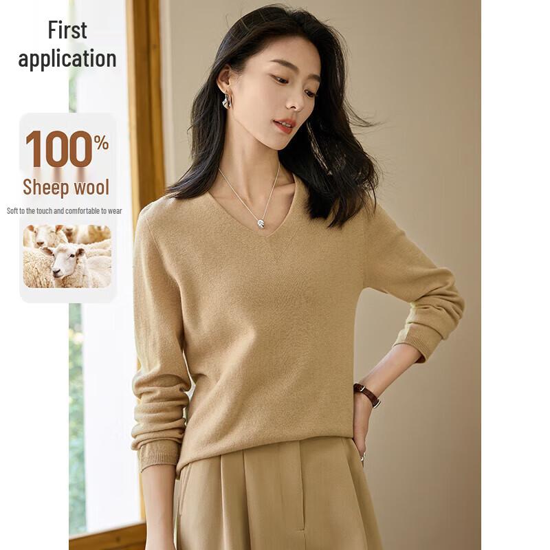 Chushen Women s V-Neck Pure Wool Knit Sweater One Size