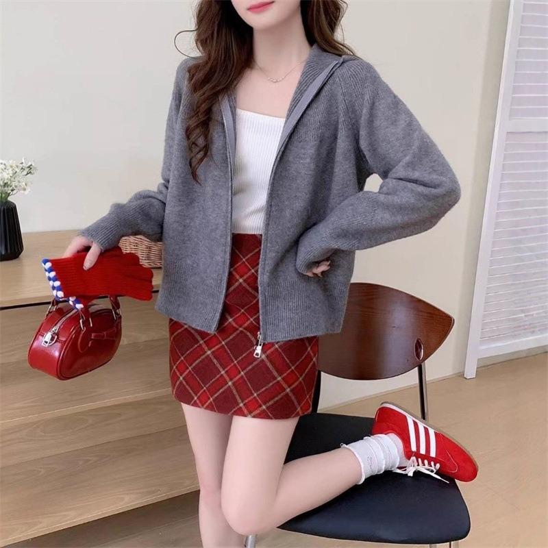 Double zipper hooded knitted sweater jacket women's autumn and winter new loose and thin retro casual versatile top