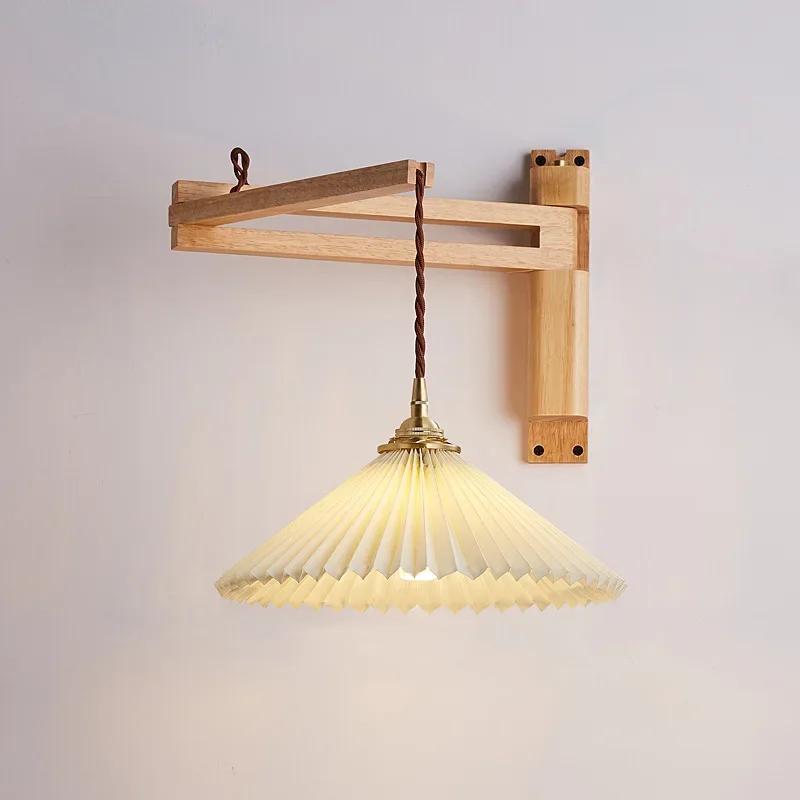 Vintage foldable solid wood walnut wood wall lamp wabi-sabi Japanese brass ceramic homestay bedroom bedside wall lamp