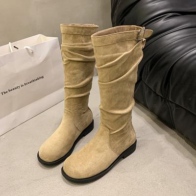 Botas de salto grosso cáqui empilhadas botas longas sapatos femininos 2025 novo outono e inverno finas altas botas de cavaleiro