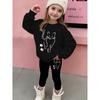 Girls' Cat Sketch Print Casual Comfortable Soft Loose Pullover Sweatshirt and Leggings 2-Piece Set, New Autumn/Winter, Playful, Sweet and Cool Style