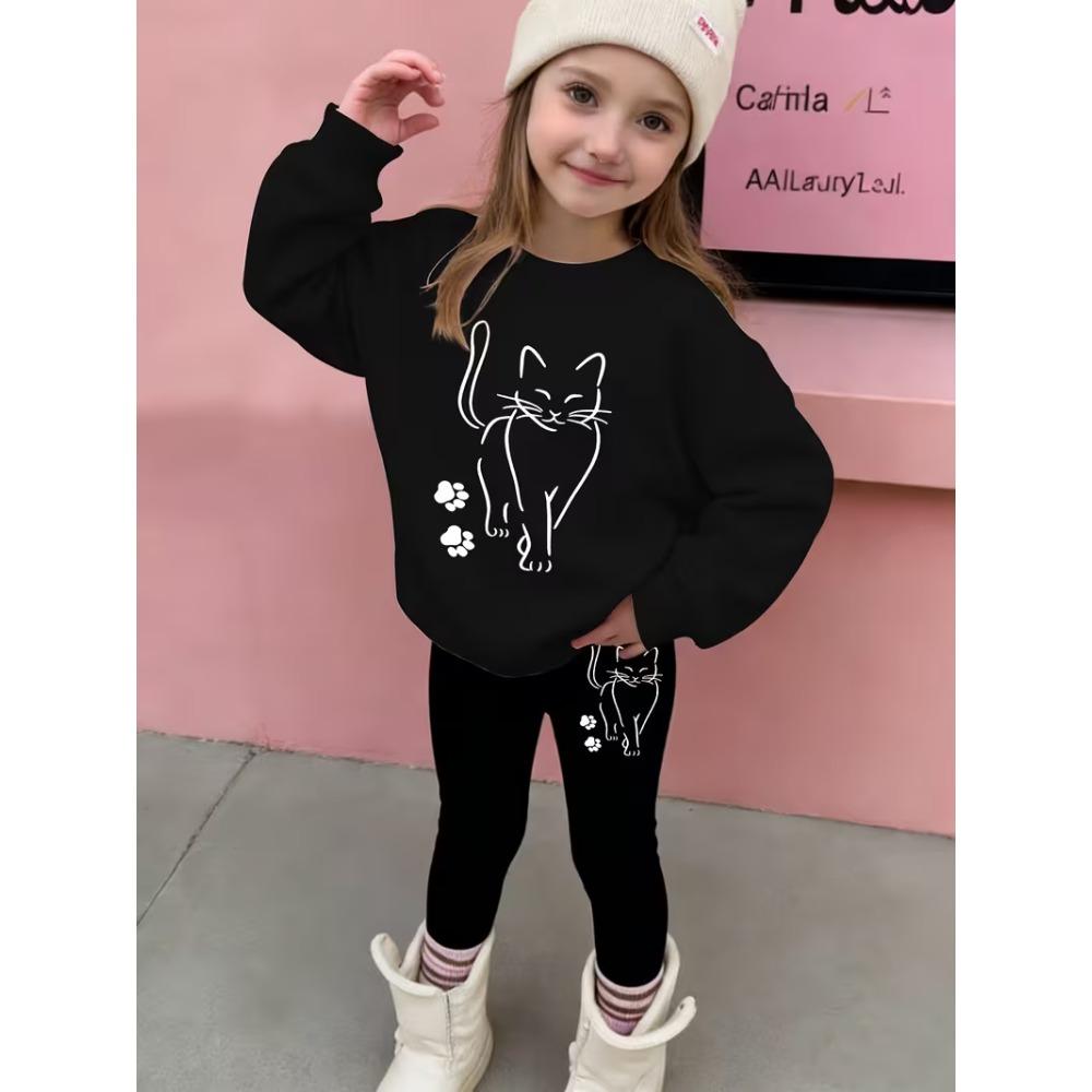 Girls' Cat Sketch Print Casual Comfortable Soft Loose Pullover Sweatshirt and Leggings 2-Piece Set, New Autumn/Winter, Playful, Sweet and Cool Style