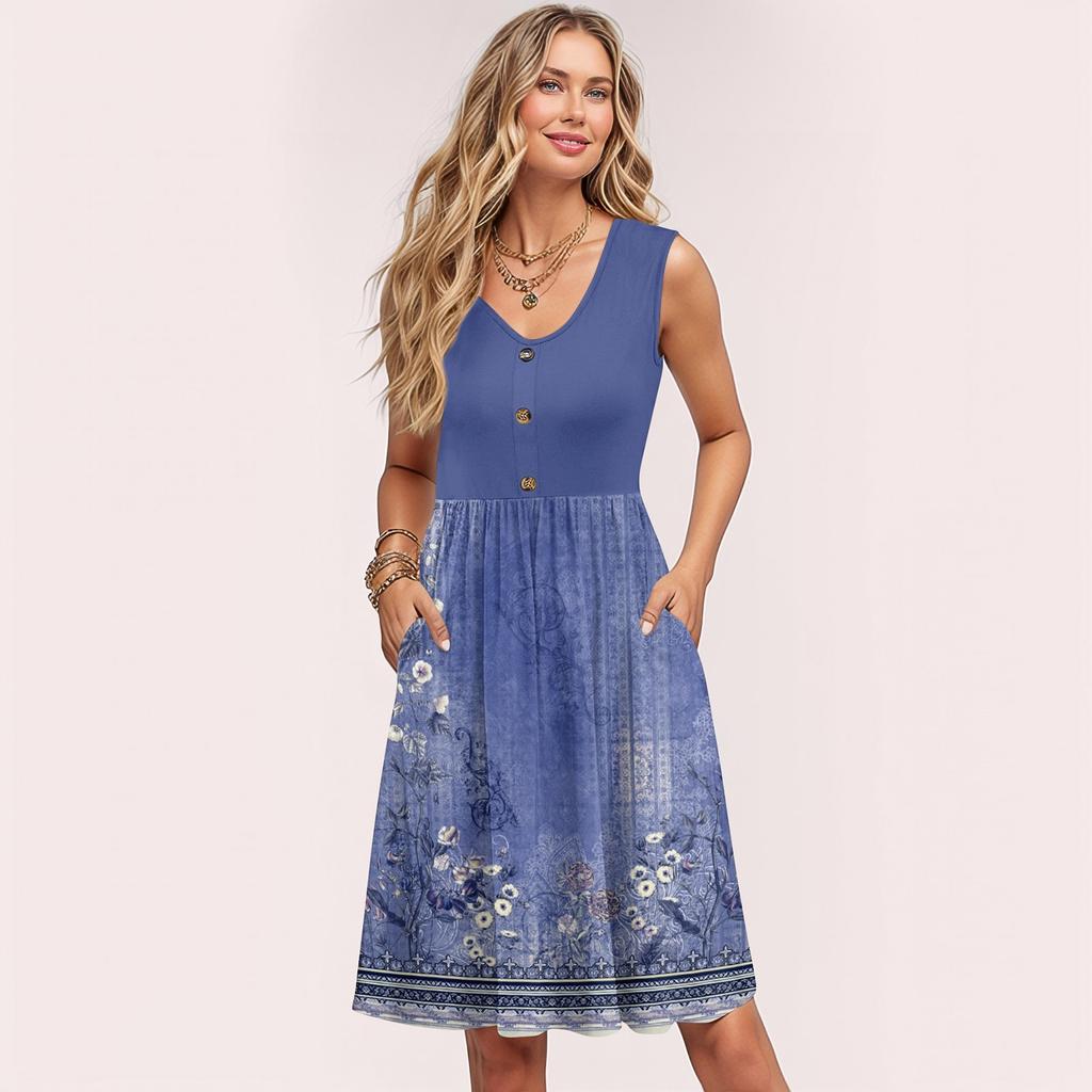 Women Summer Dresses Sleeveless Casual Loose Swing Button Down Midi Sundress With Pockets