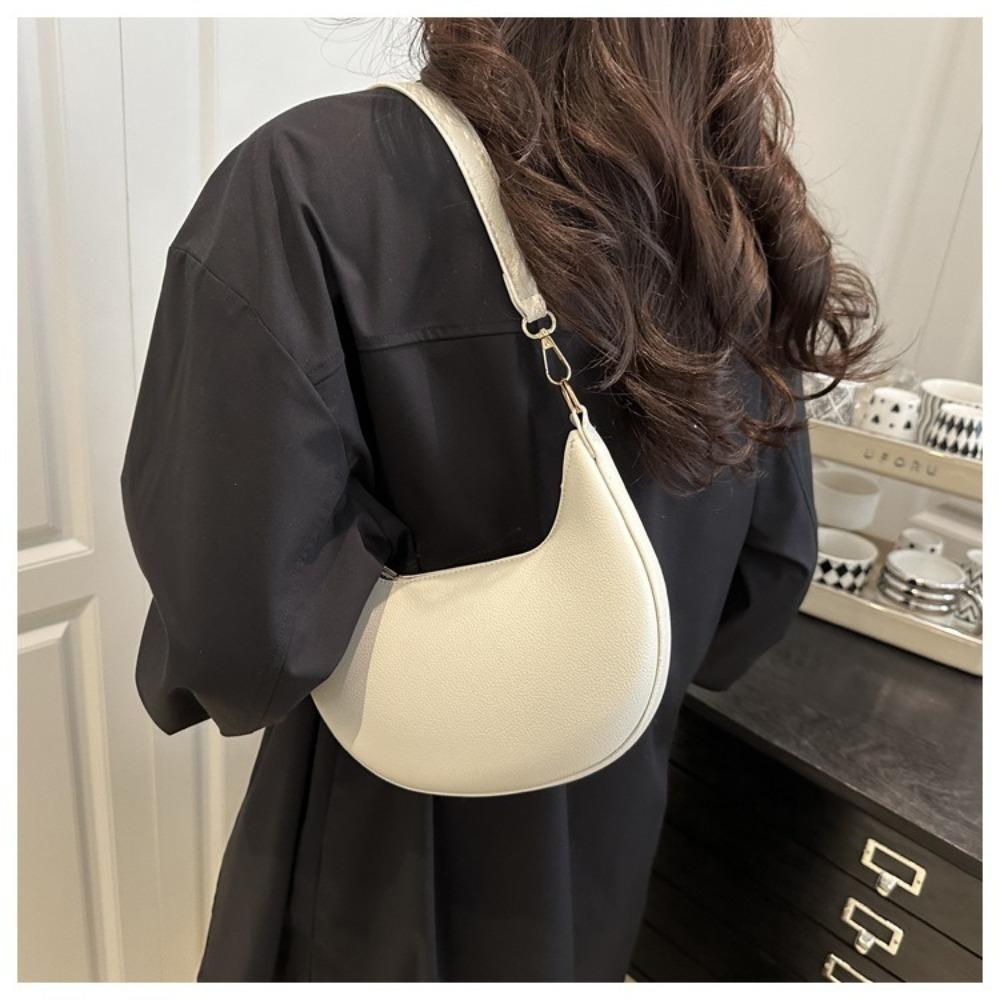 Fashion PU Leather Shoulder Bag Large Capacity Solid Color Underarm Bag Moon-shaped Tote Handbag Women