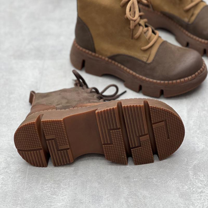 Johnature Vintage handgemachte echtes Leder dicke Sohle kurze Stiefel runde Spitze Schnür-Plattform-Schuhe