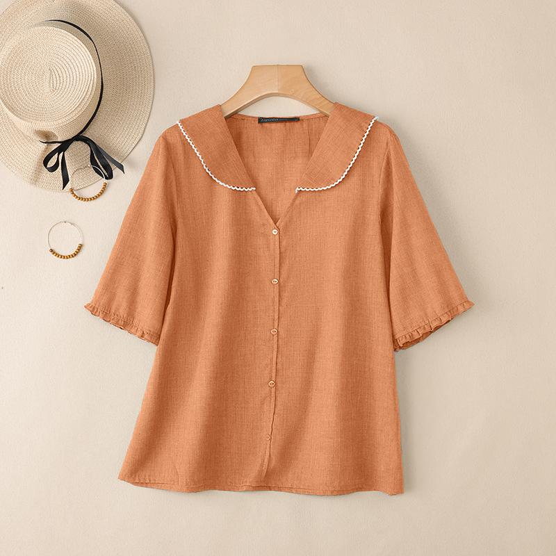 ZANZEA Damen Lässig V-Ausschnitt Locker Sommer Halbarm Bluse