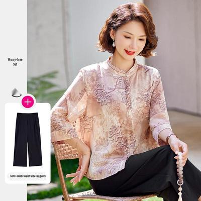 Pasite New Chinese Style Floral Print Shirt & Pants Set for Women