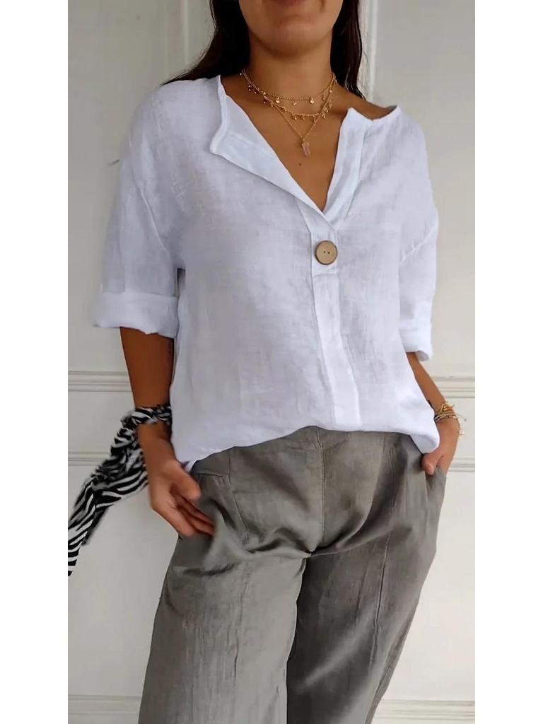 Europe & America Summer V-neck Women's Cotton Linen Button T-shirt