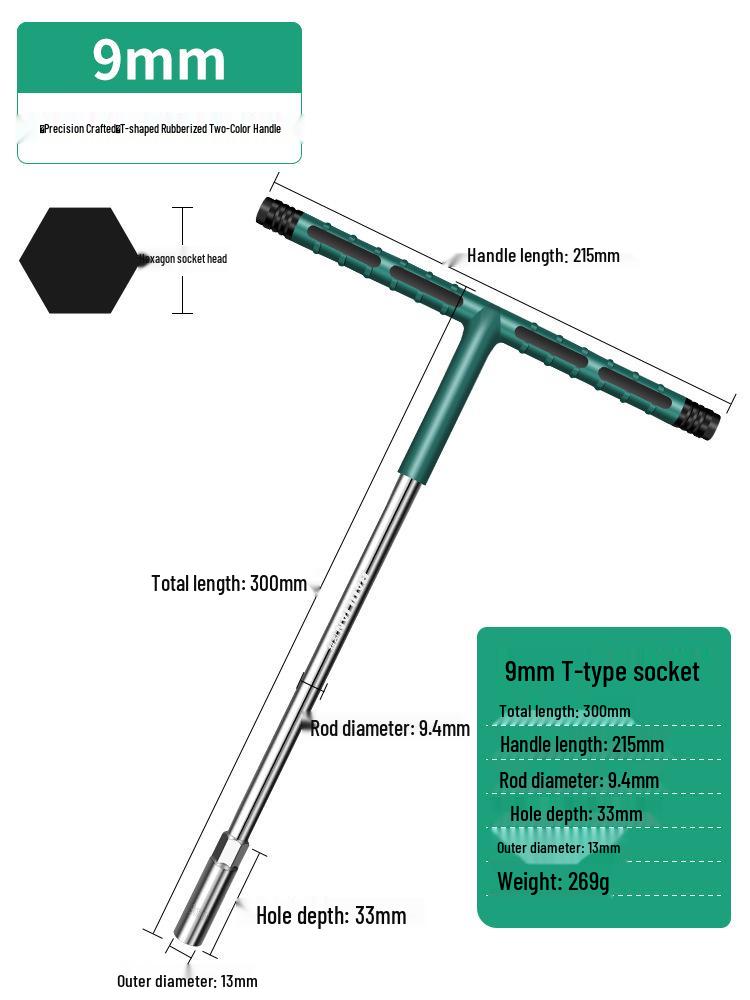 T-Handle Socket Wrench Set: Multi-functional Hex 6-19mm, Extended Rubber-Coated, T-Shaped Design.