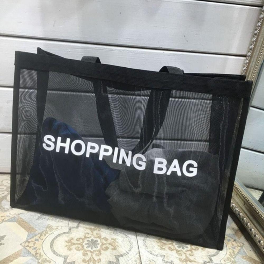 Nylon Transparent Mesh Shopping Bag Black Travel Storarge Bag Casual Large Capacity Tote Bag  Lady